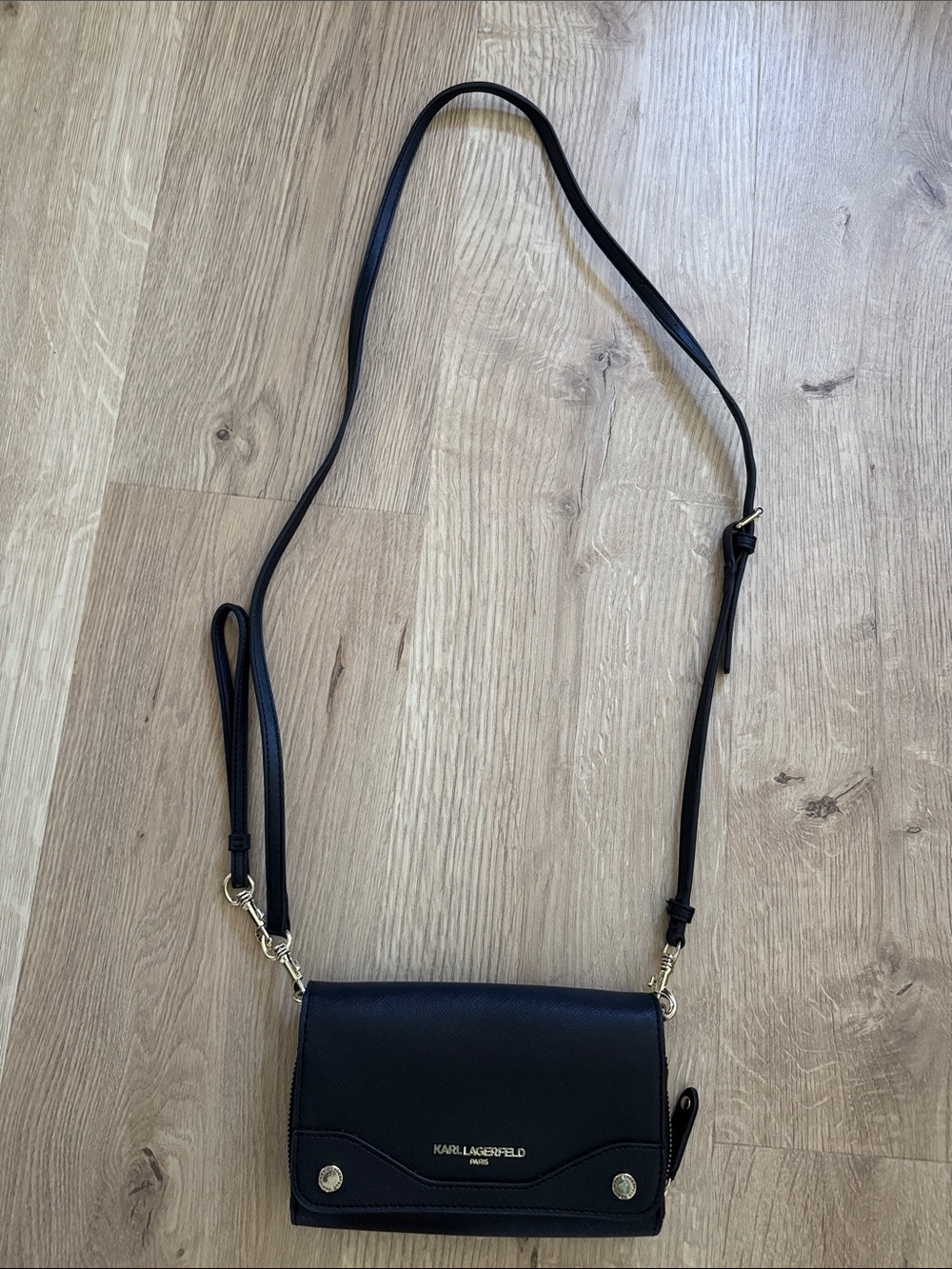 Karl Lagerfeld Black Compact Crossbody with Gold Hardware